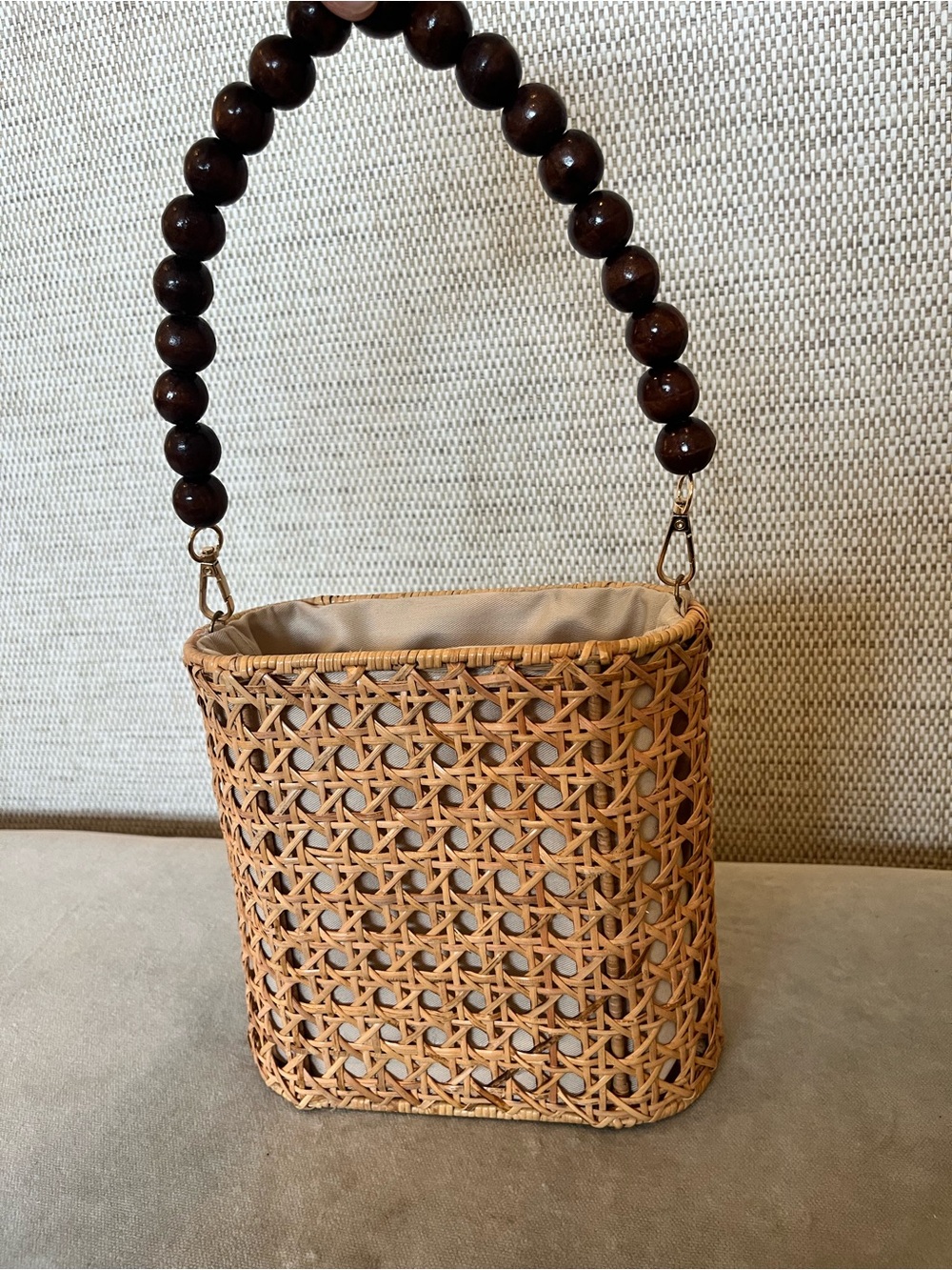 Tan Woven Bucket Shoulder Bag with Dark Brown Beaded Handle